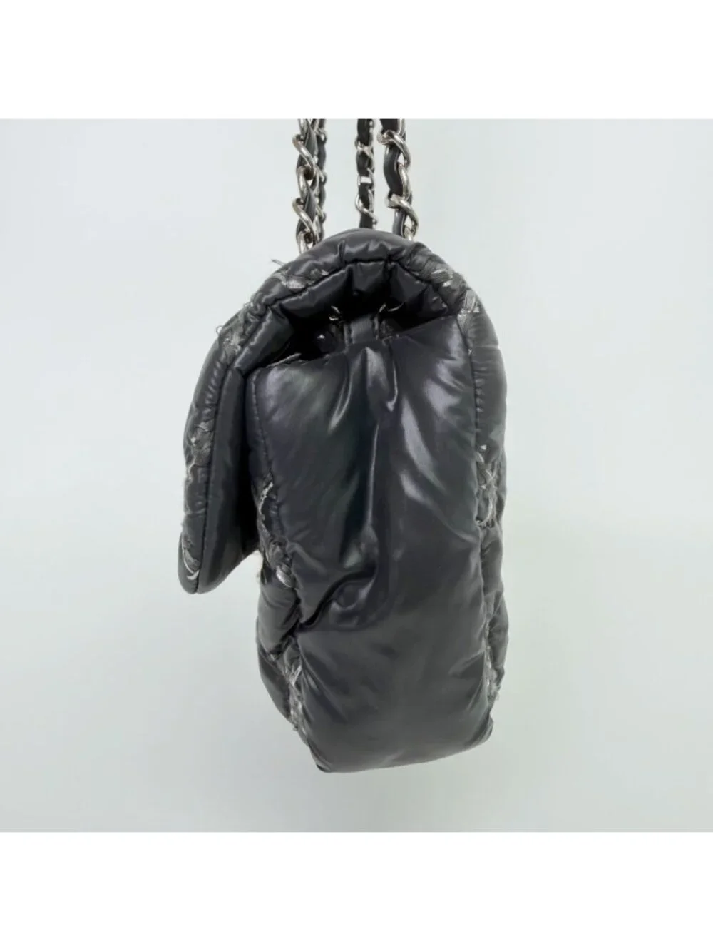 Chanel Quilted Tweed on Stitch Bubble Flap Shoulder Bag Nylon Black Silver Seal